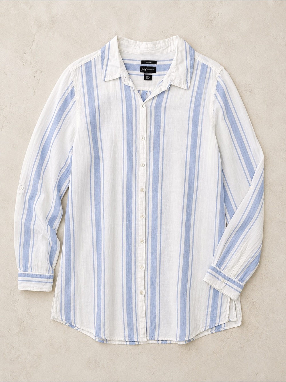 100% Linen Stripe Long Sleeve Button Down Boyfriend Beachy Shirt Size XL